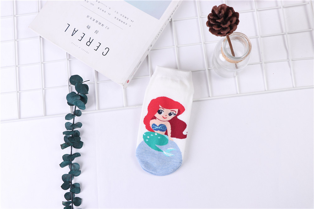 Spring Cotton Socks Female Socks Boat Socks Cartoon Mermaid Cinderella Pure Cotton Socks